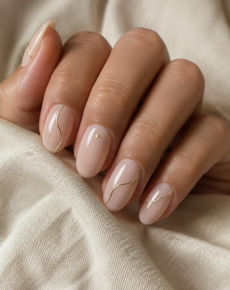 Nail art minimaliste : fines lignes dorées sur base nude laiteuse
