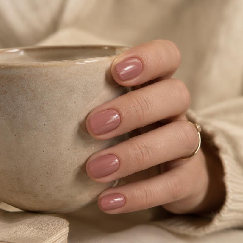 Ongles naturels courts, vernis vieux rose brillant